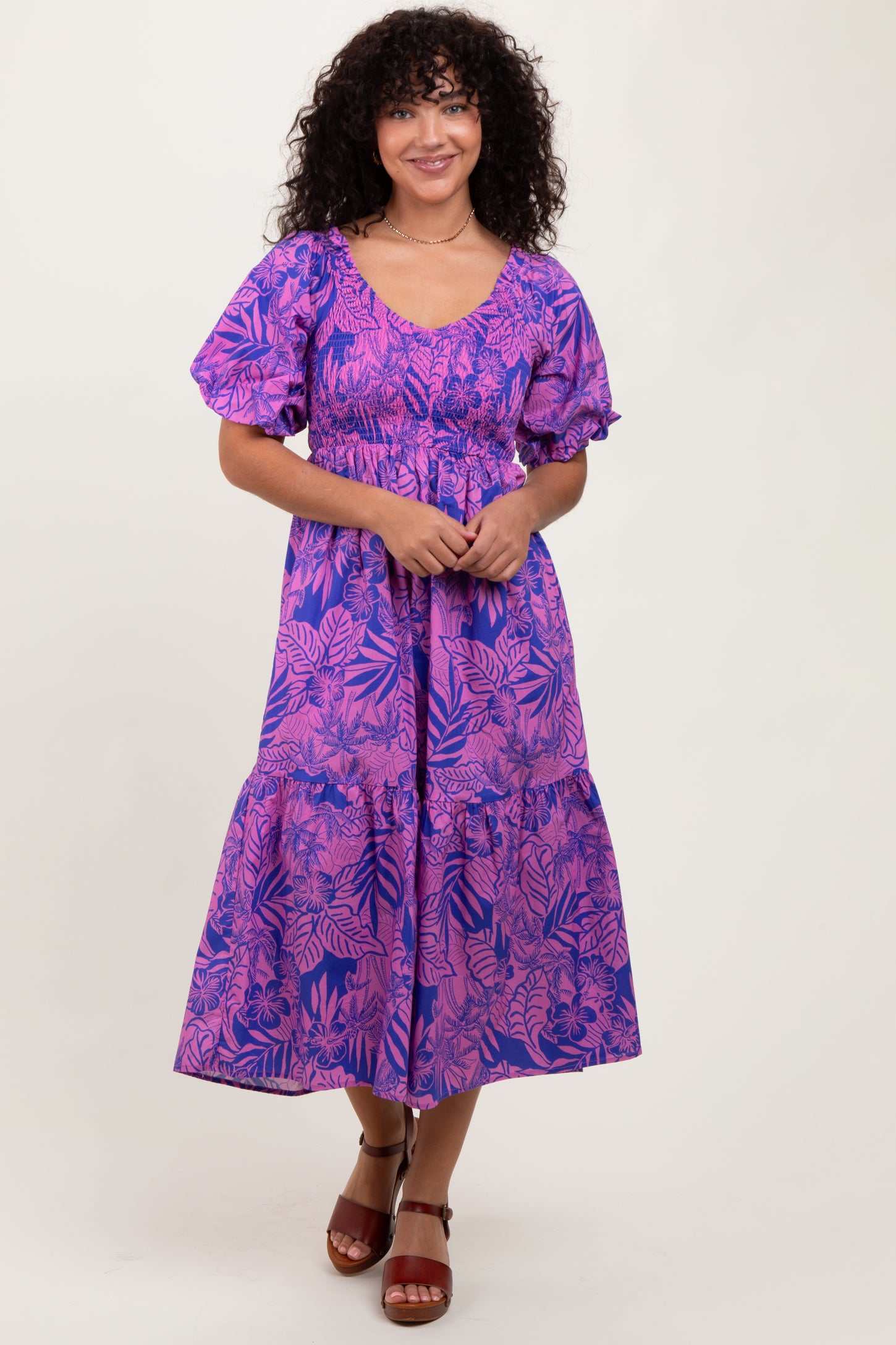 Magenta Tropical Floral Smocked Tie Back Maternity Maxi Dress