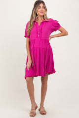 Fuchsia Tiered Collared Linen Maternity Dress