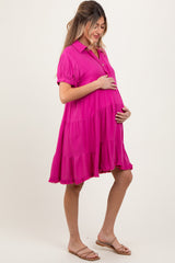 Fuchsia Tiered Collared Linen Maternity Dress