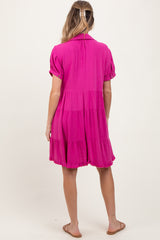 Fuchsia Tiered Collared Linen Maternity Dress