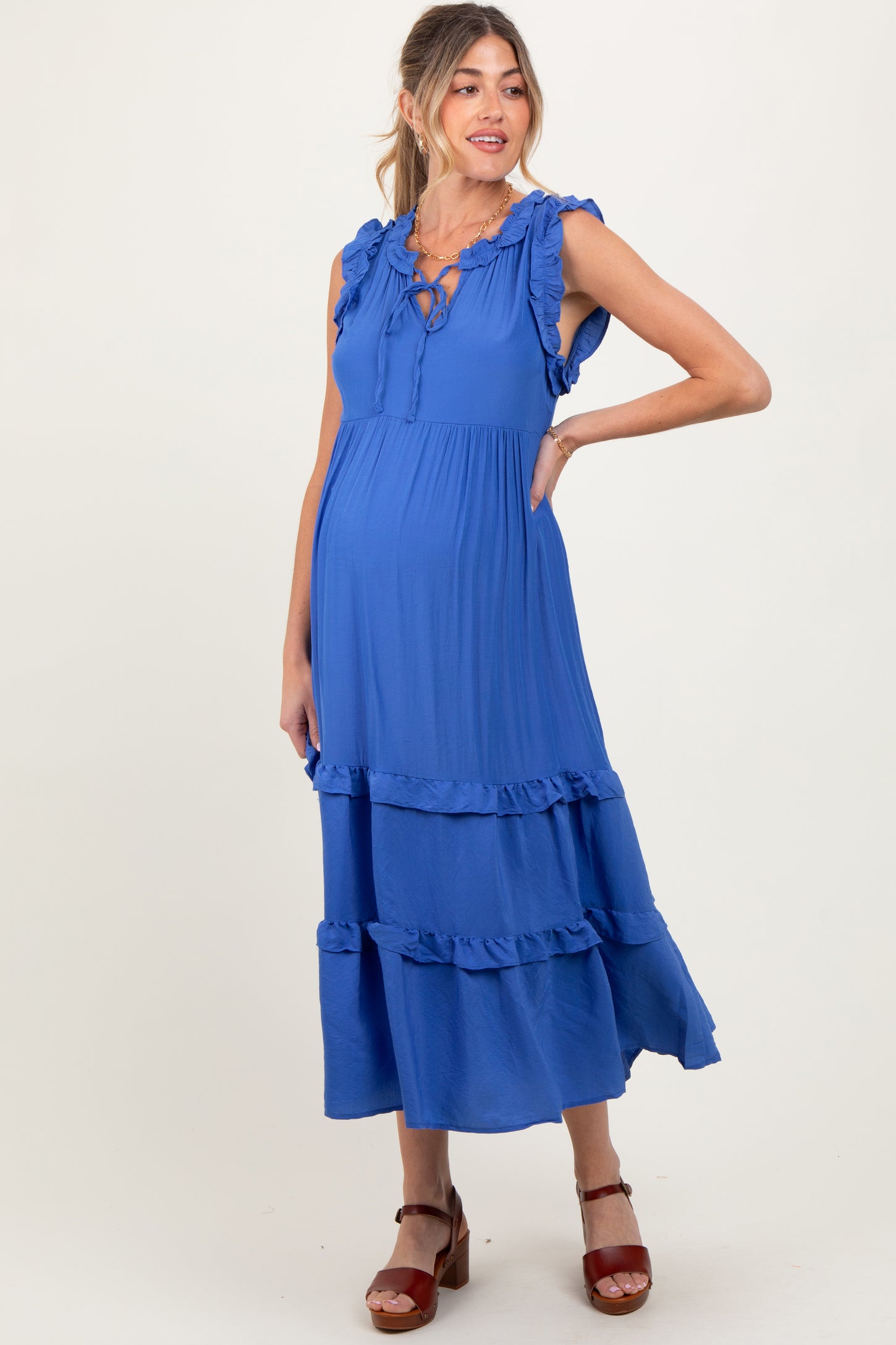 Blue Ruffle Accent Tiered Front Tie Maternity Midi Dress