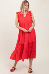 Red Ruffle Accent Tiered Front Tie Maternity Midi Dress