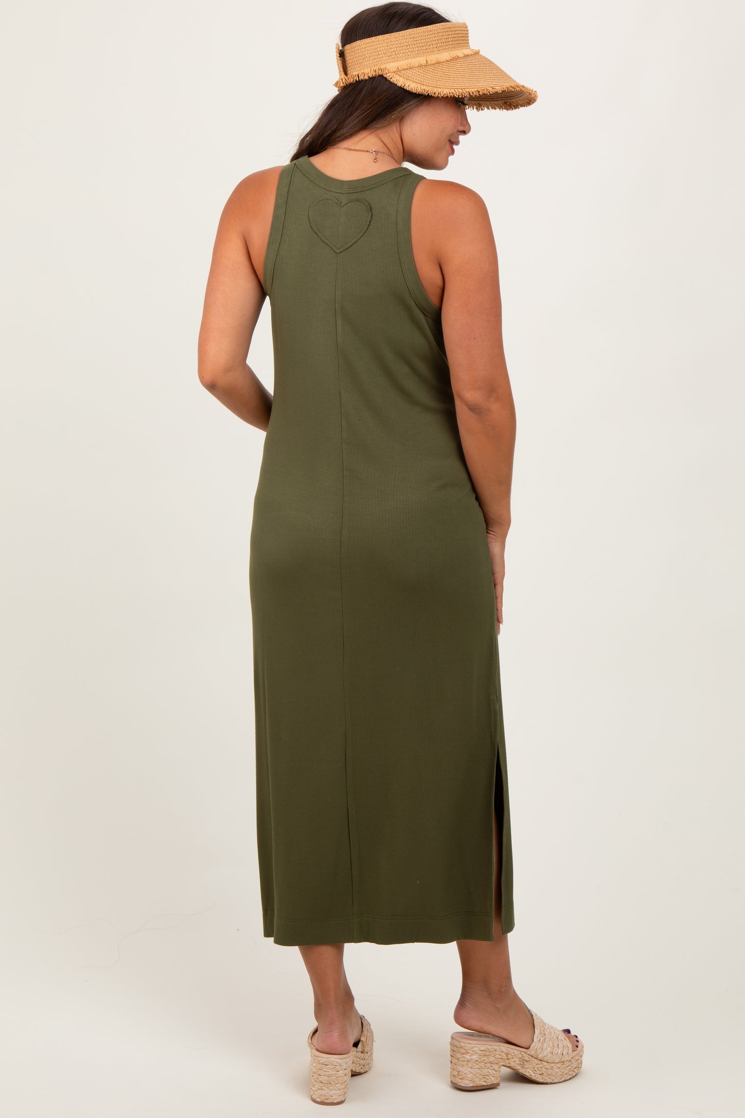 Olive Sleeveless Side Slit Maternity Midi Dress