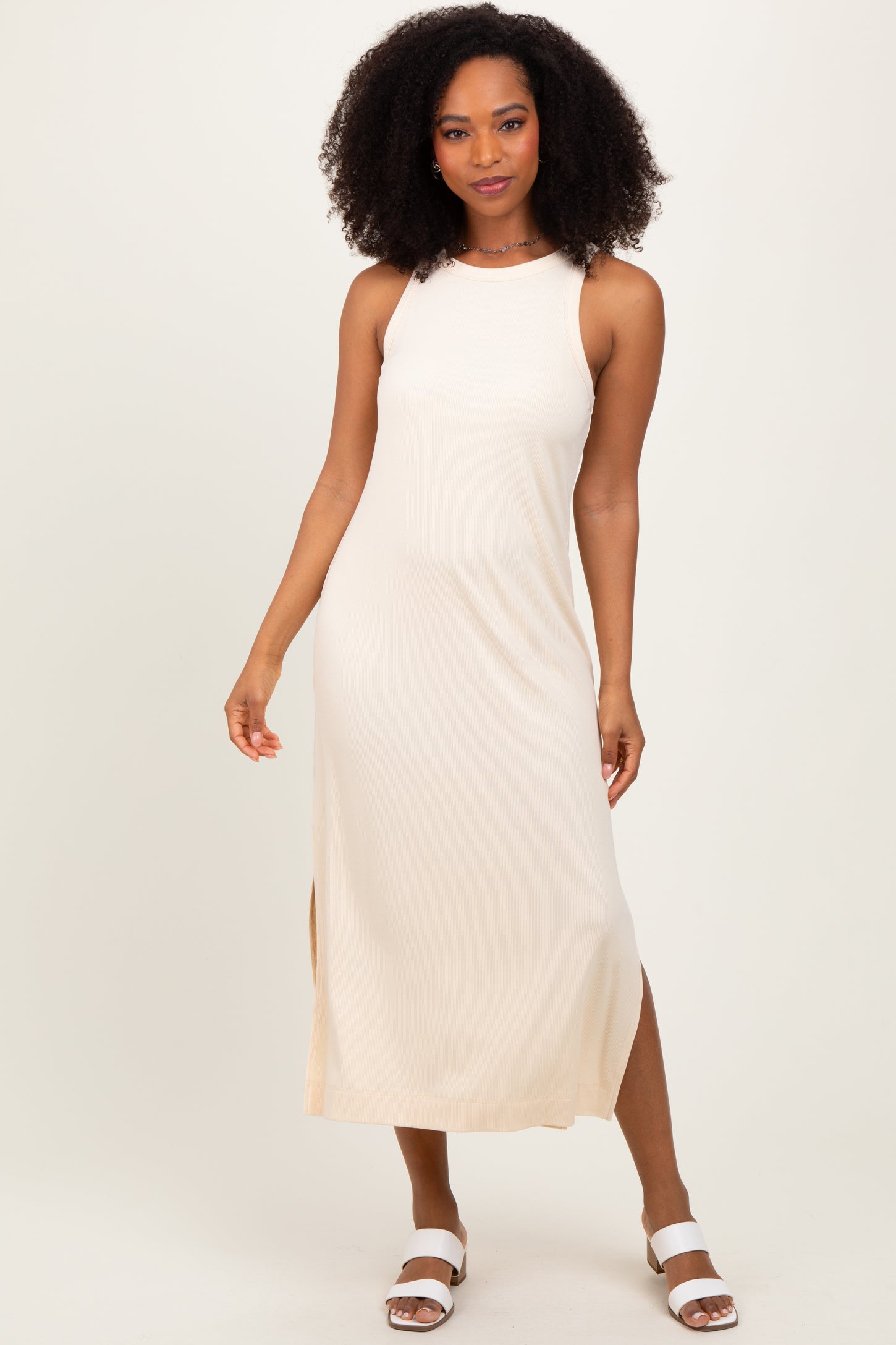 Cream Sleeveless Side Slit Maternity Midi Dress