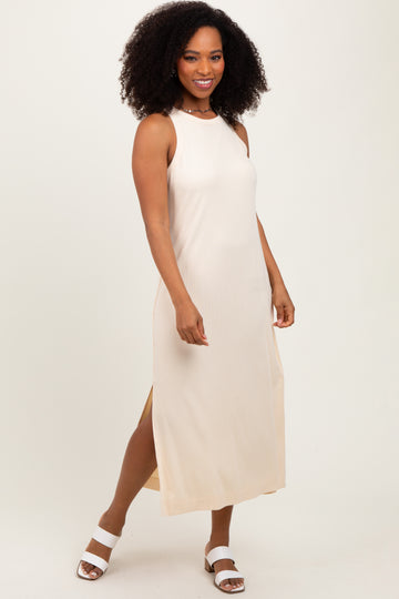 Cream Sleeveless Side Slit Midi Dress
