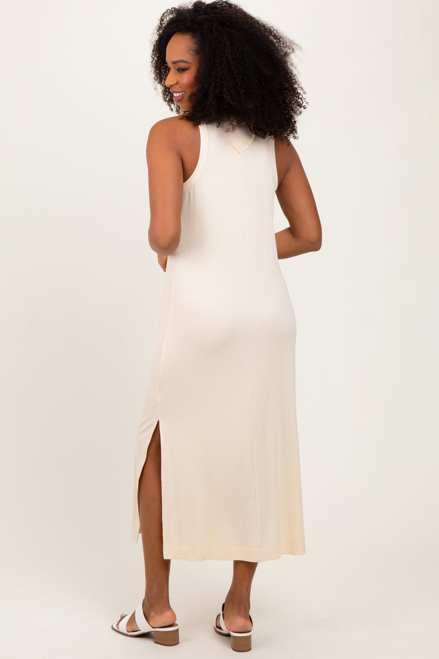 Cream Sleeveless Side Slit Midi Dress