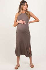 Mocha Sleeveless Side Slit Maternity Midi Dress