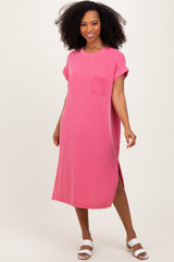 Pink Ribbed Short Sleeve Front Pocket Midi Dress