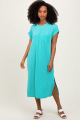 Mint Ribbed Short Sleeve Front Pocket Maternity Midi Dress