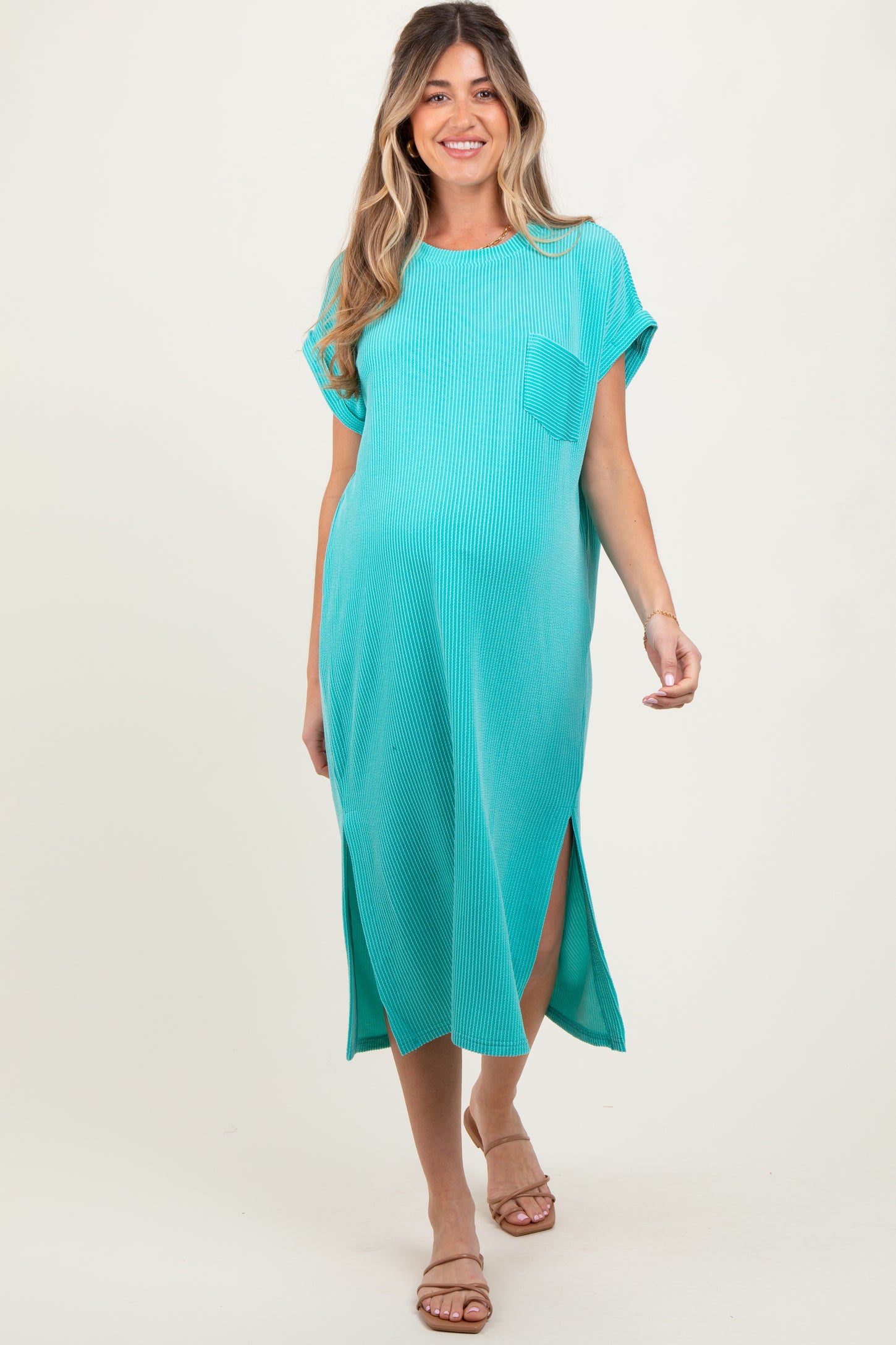 Mint Ribbed Short Sleeve Front Pocket Maternity Midi Dress