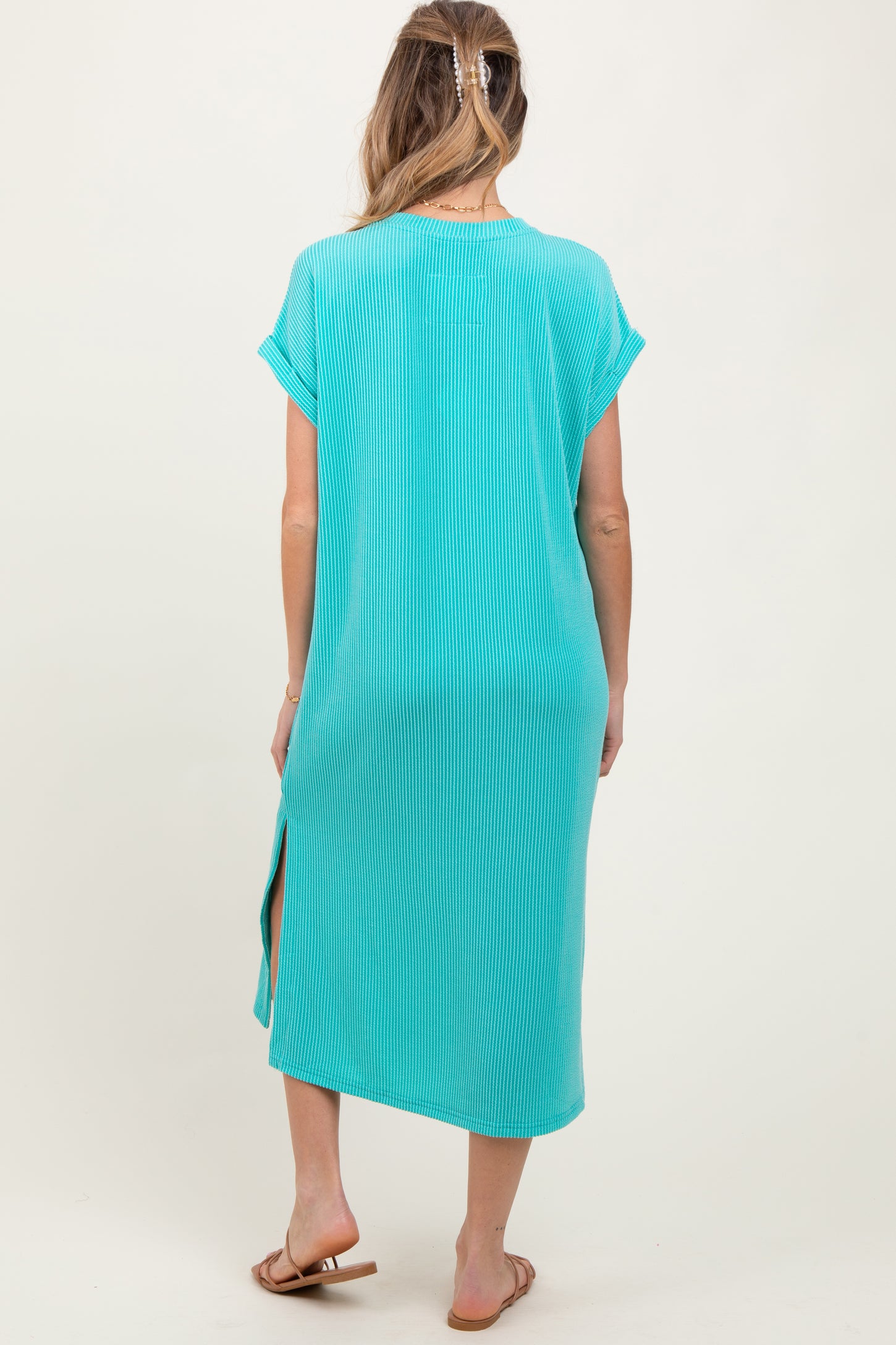 Mint Ribbed Short Sleeve Front Pocket Maternity Midi Dress