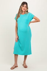 Mint Ribbed Short Sleeve Front Pocket Maternity Midi Dress
