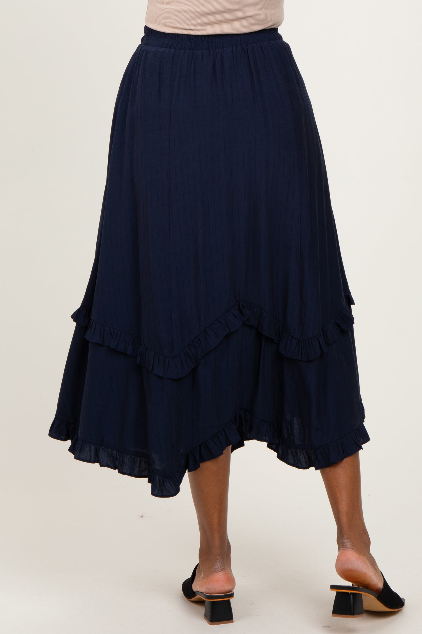 Navy Ruffle Tiered Midi Skirt