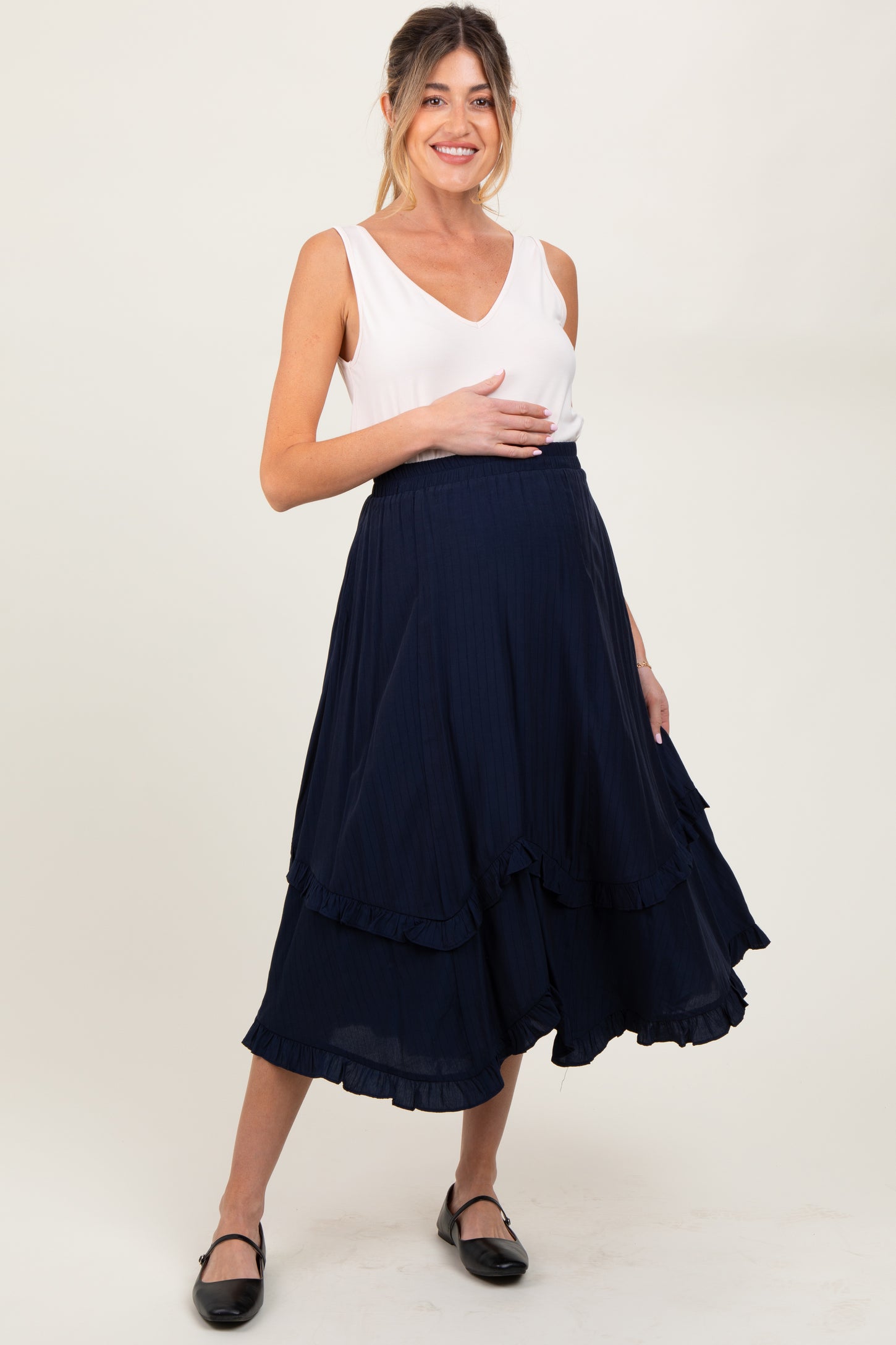 Navy Ruffle Tiered Maternity Midi Skirt