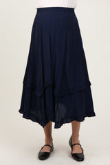 Navy Ruffle Tiered Maternity Midi Skirt