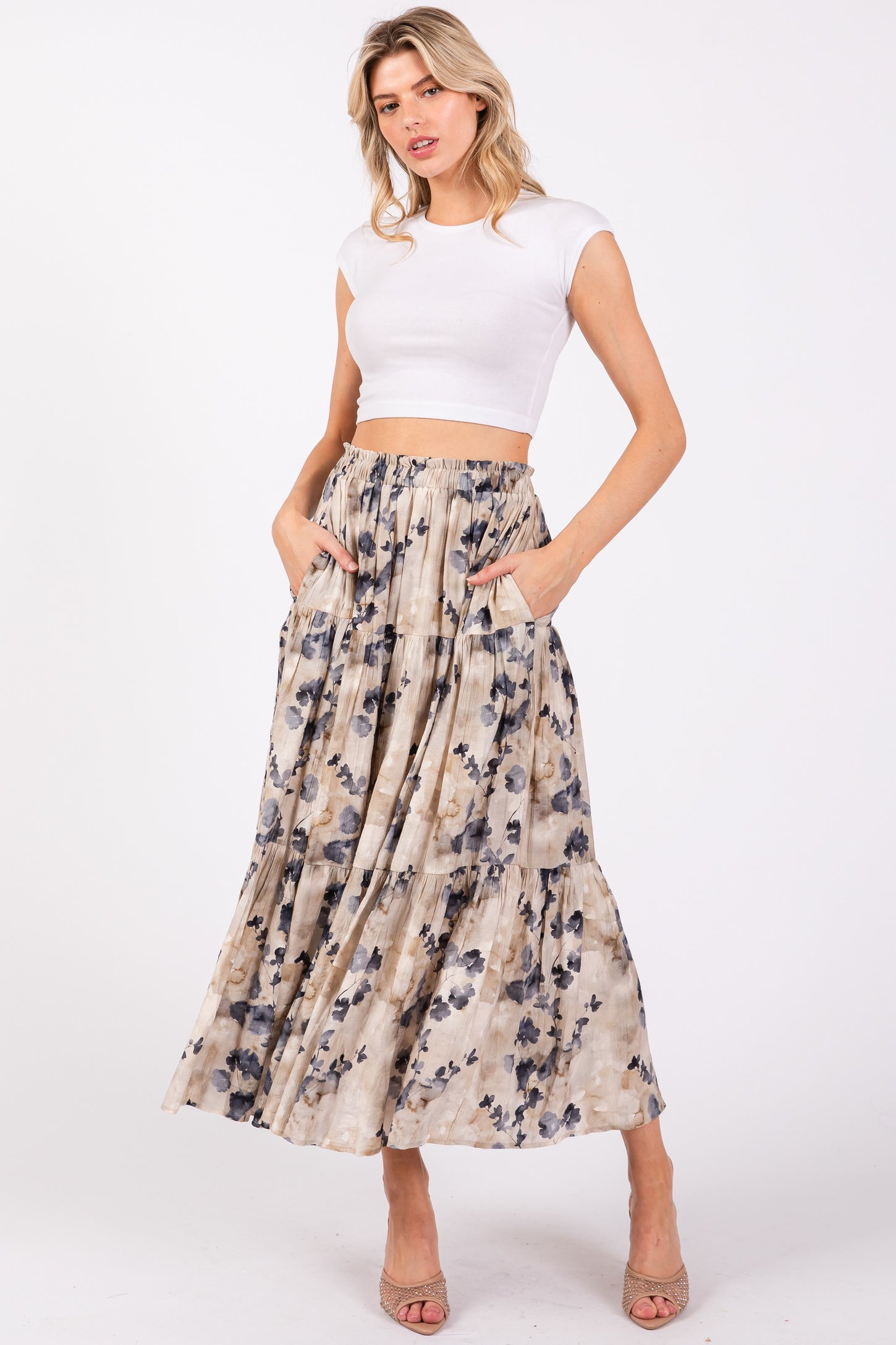 Cream Watercolor Floral Tiered Midi Skirt