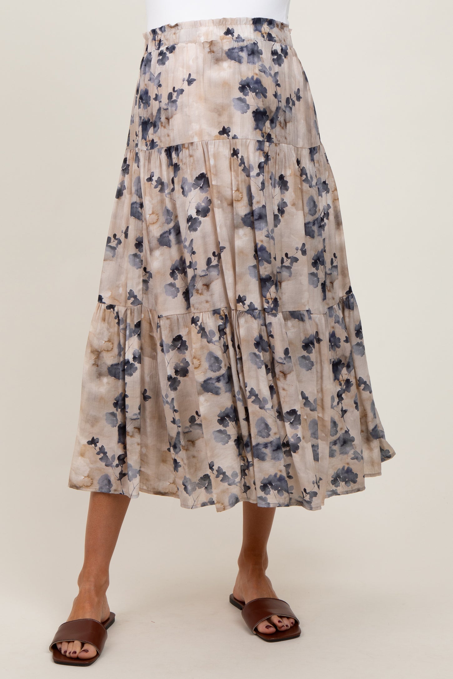 Cream Watercolor Floral Tiered Maternity Midi Skirt
