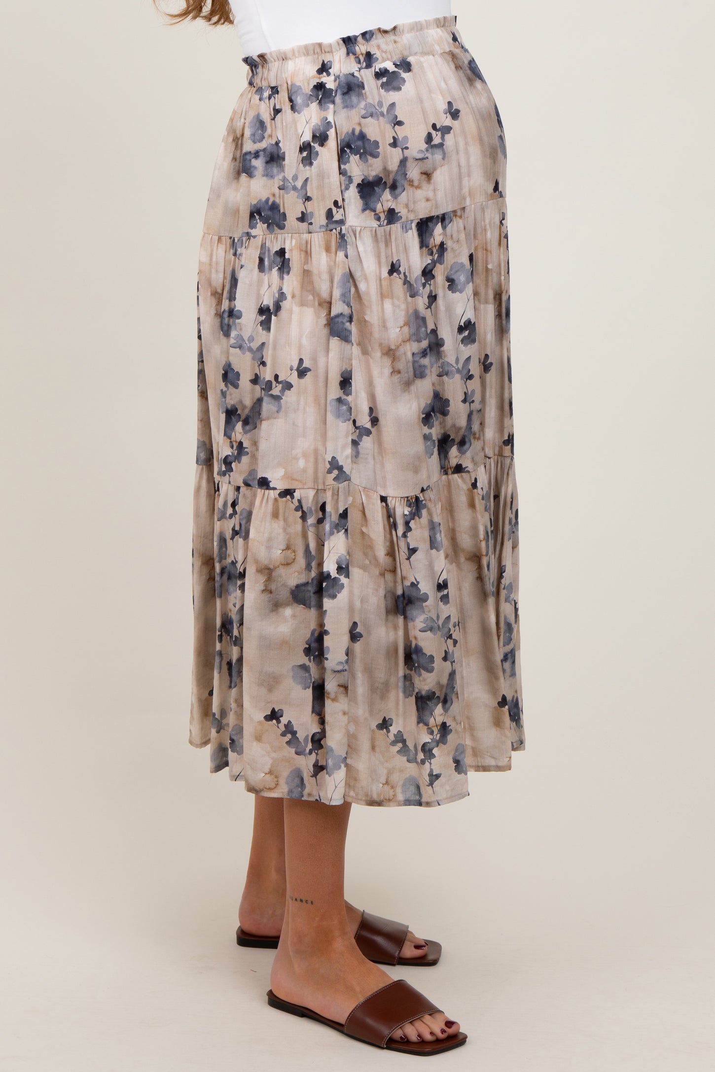 Cream Watercolor Floral Tiered Maternity Midi Skirt