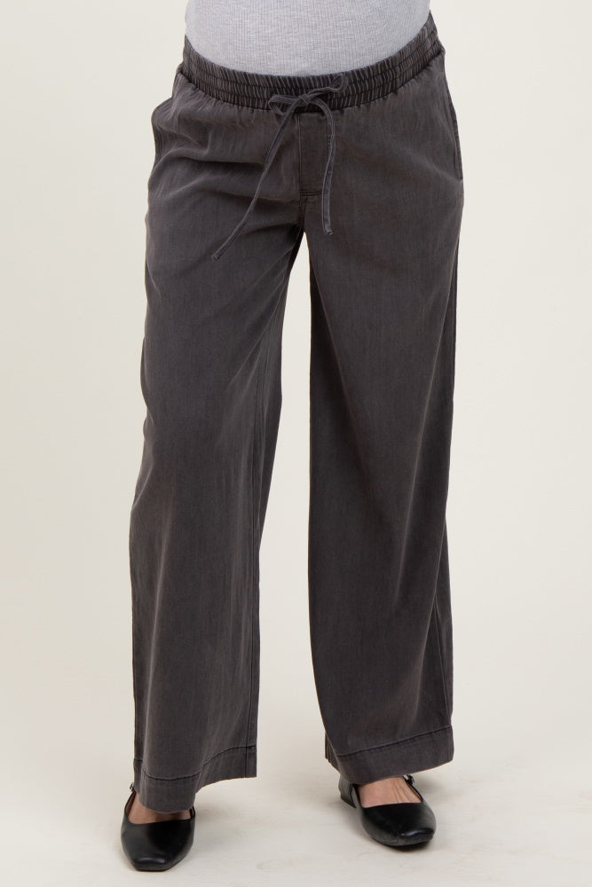Black Vintage Wash Chambray Maternity Wide Leg Pants