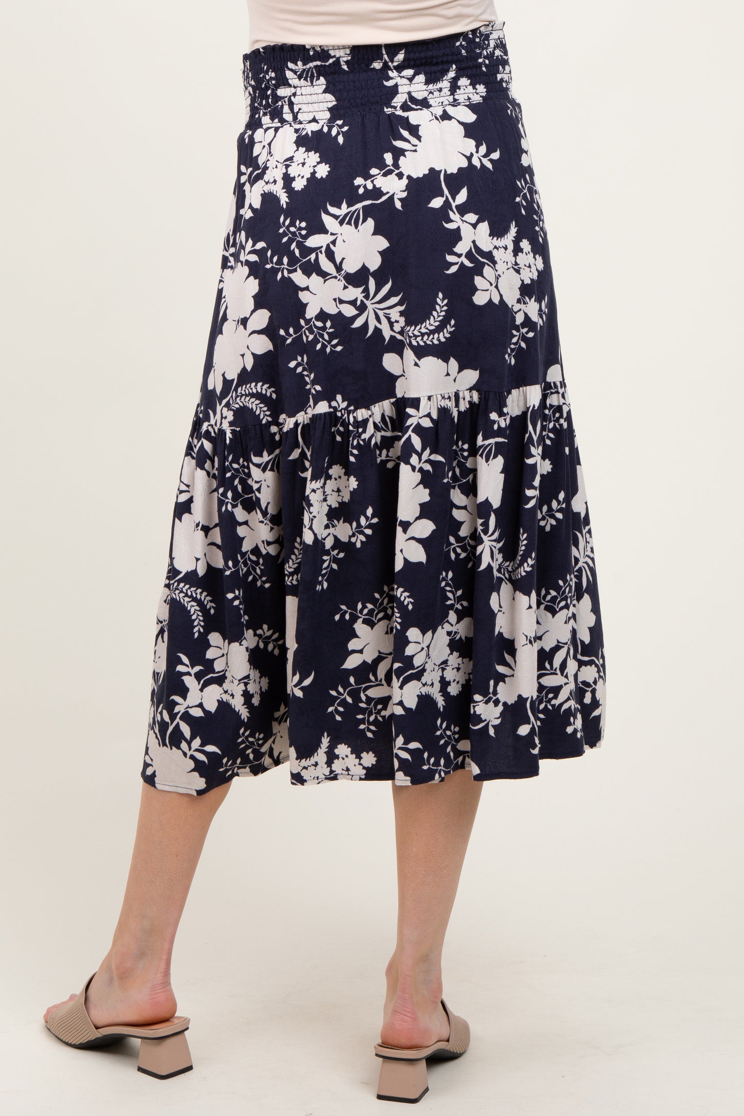 Navy Floral Smocked Waist Maternity Midi Skirt