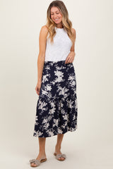 Navy Floral Smocked Waist Maternity Midi Skirt