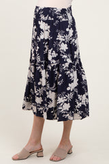 Navy Floral Smocked Waist Maternity Midi Skirt