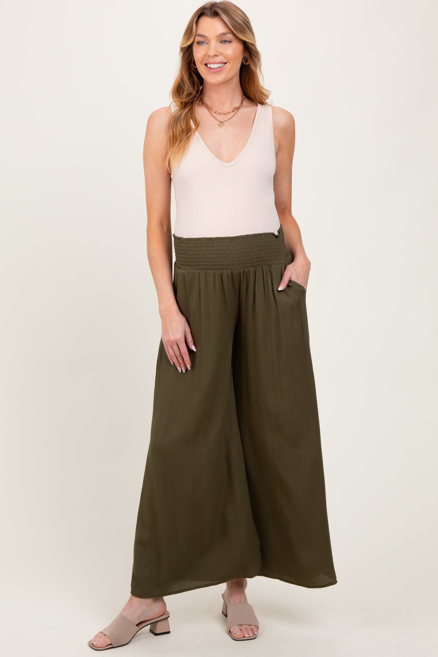 Olive Wide Smock Waist Maternity Pants