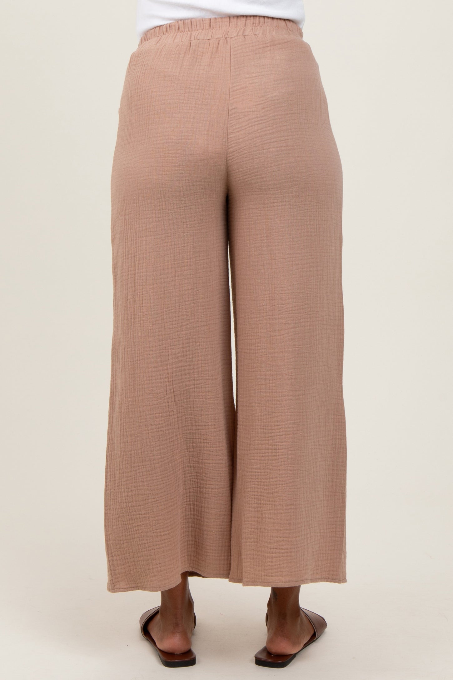 Light Taupe Cotton Gauze Wide Leg Maternity Pants