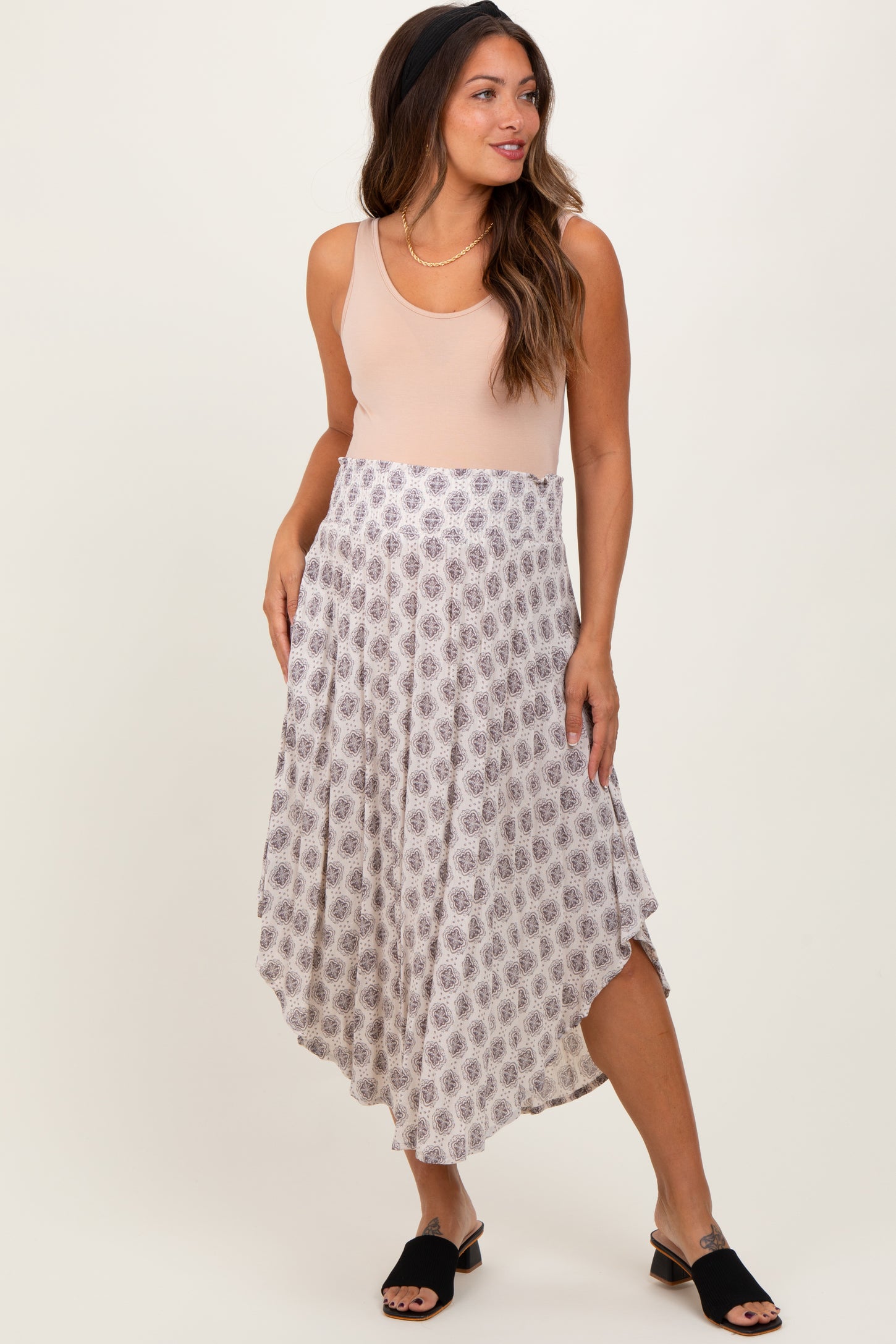 Grey Damask Print Smocked Waistband Maternity Midi Skirt