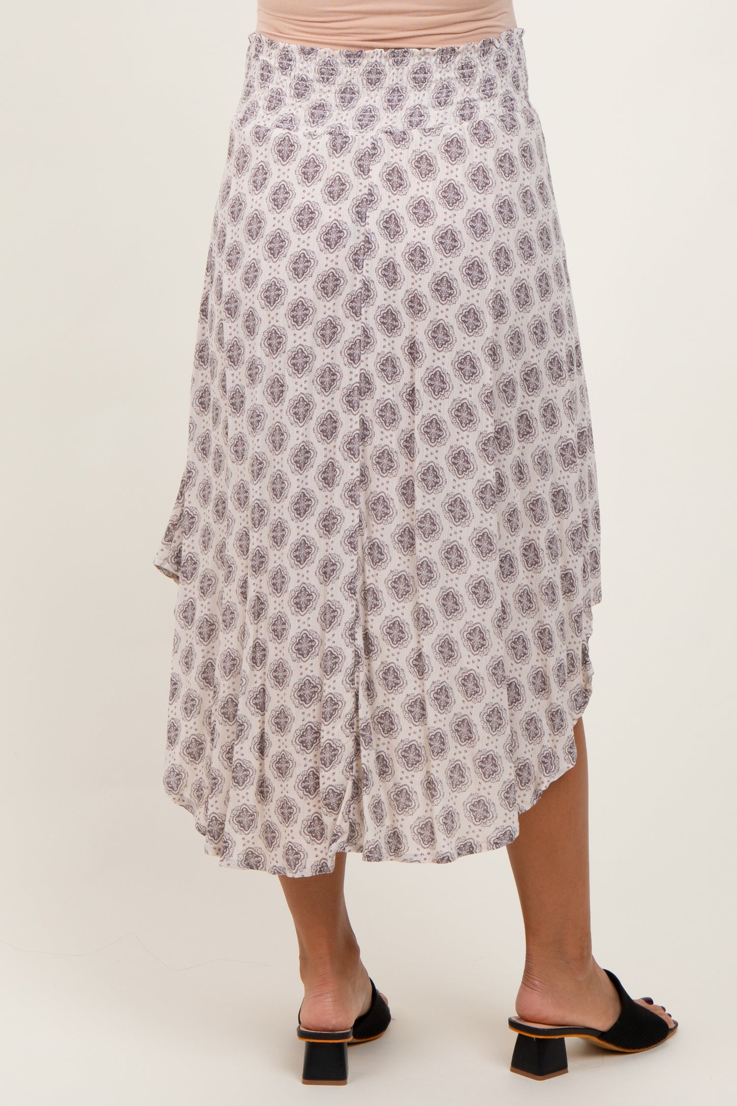 Grey Damask Print Smocked Waistband Maternity Midi Skirt