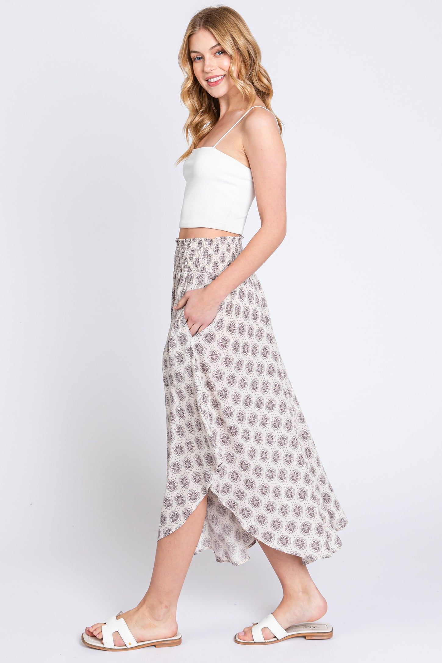 Grey Damask Print Smocked Waistband Midi Skirt
