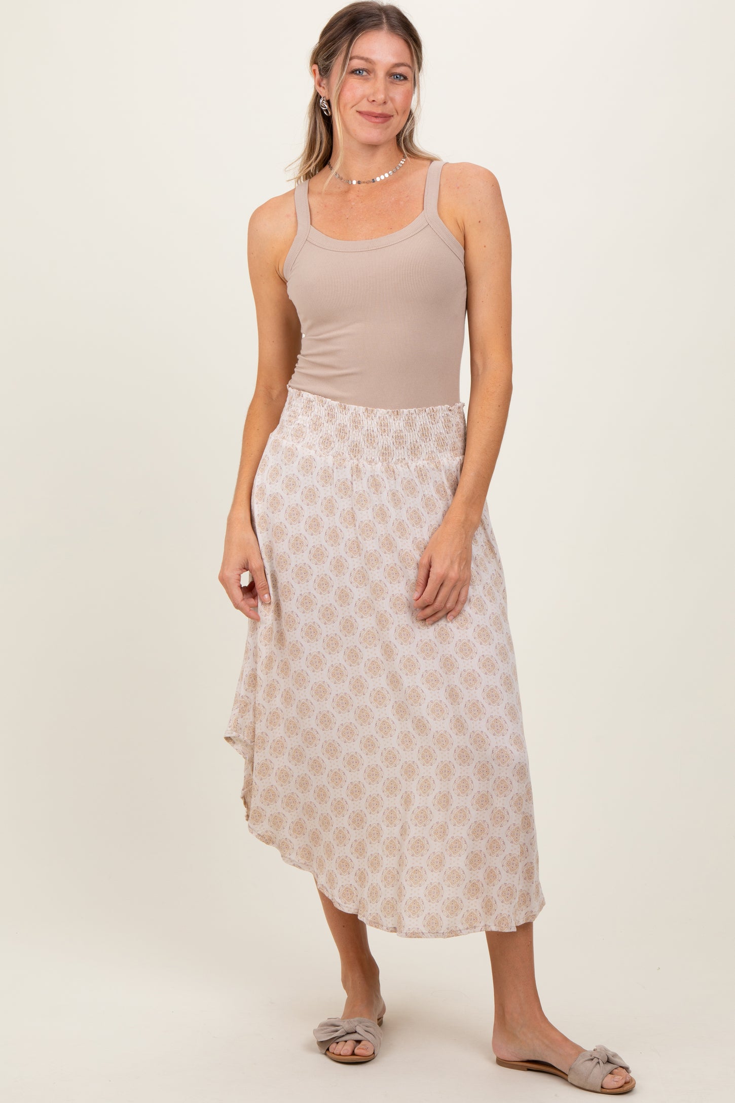 Beige Damask Print Smocked Waistband Midi Skirt