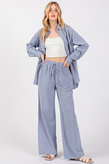 Blue Striped Drawstring Wide Leg Pants