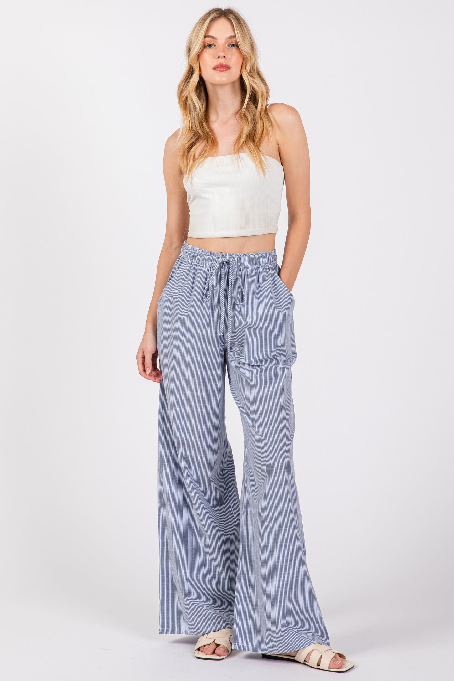 Blue Striped Drawstring Wide Leg Maternity Pants