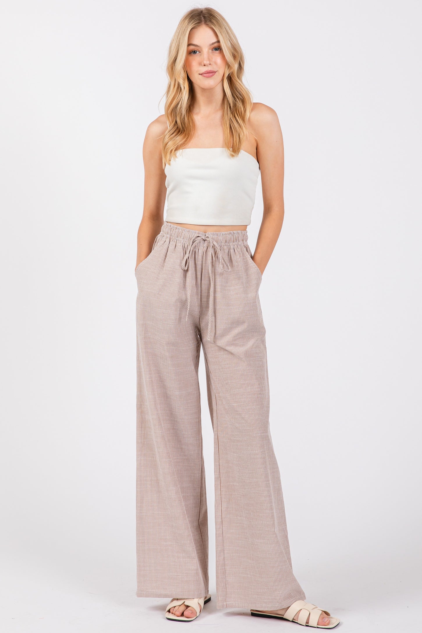 Light Taupe Striped Drawstring Wide Leg Maternity Pants