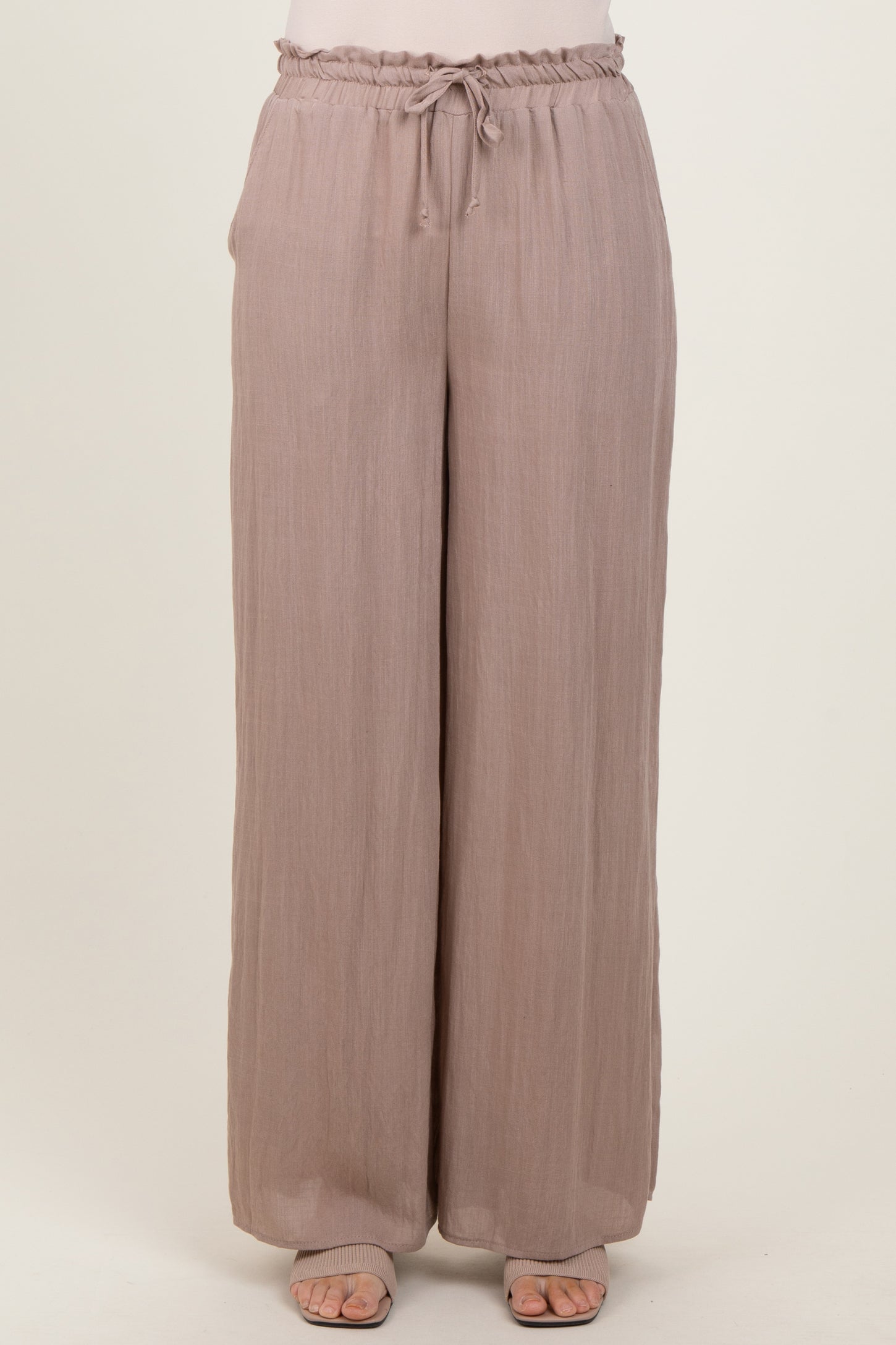 Beige Ruffled Drawstring Waist Wide Leg Pants
