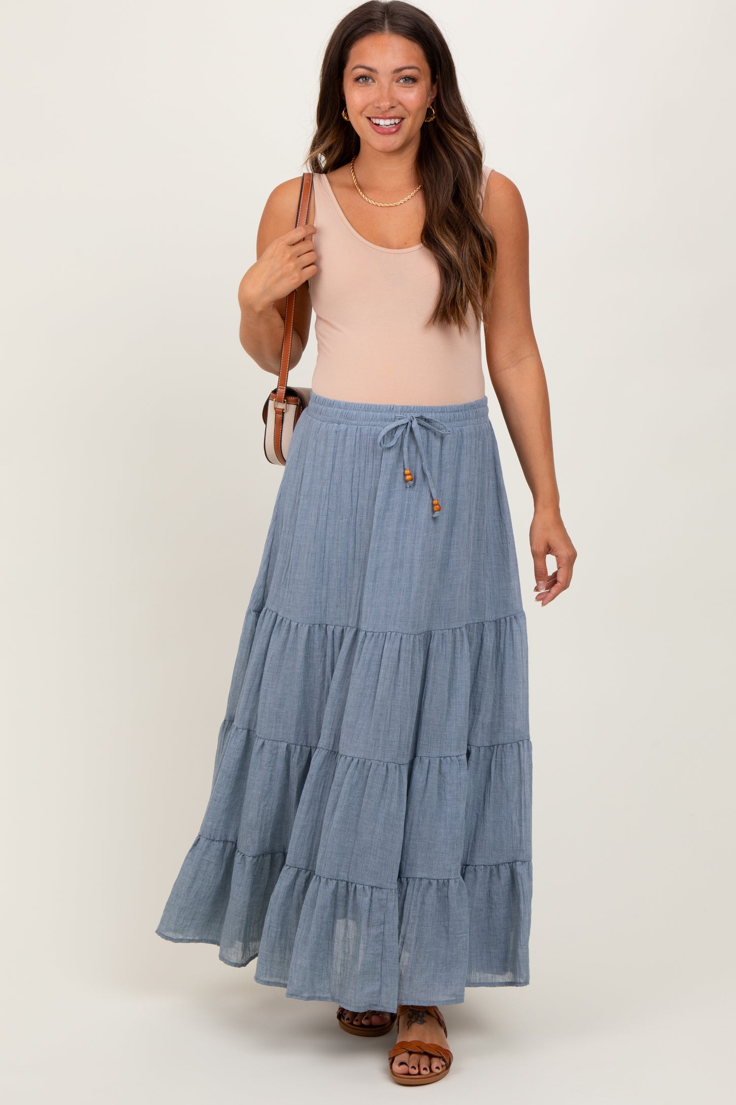 Blue Drawstring Tiered Maternity Maxi Skirt