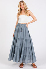 Blue Drawstring Tiered Maxi Skirt
