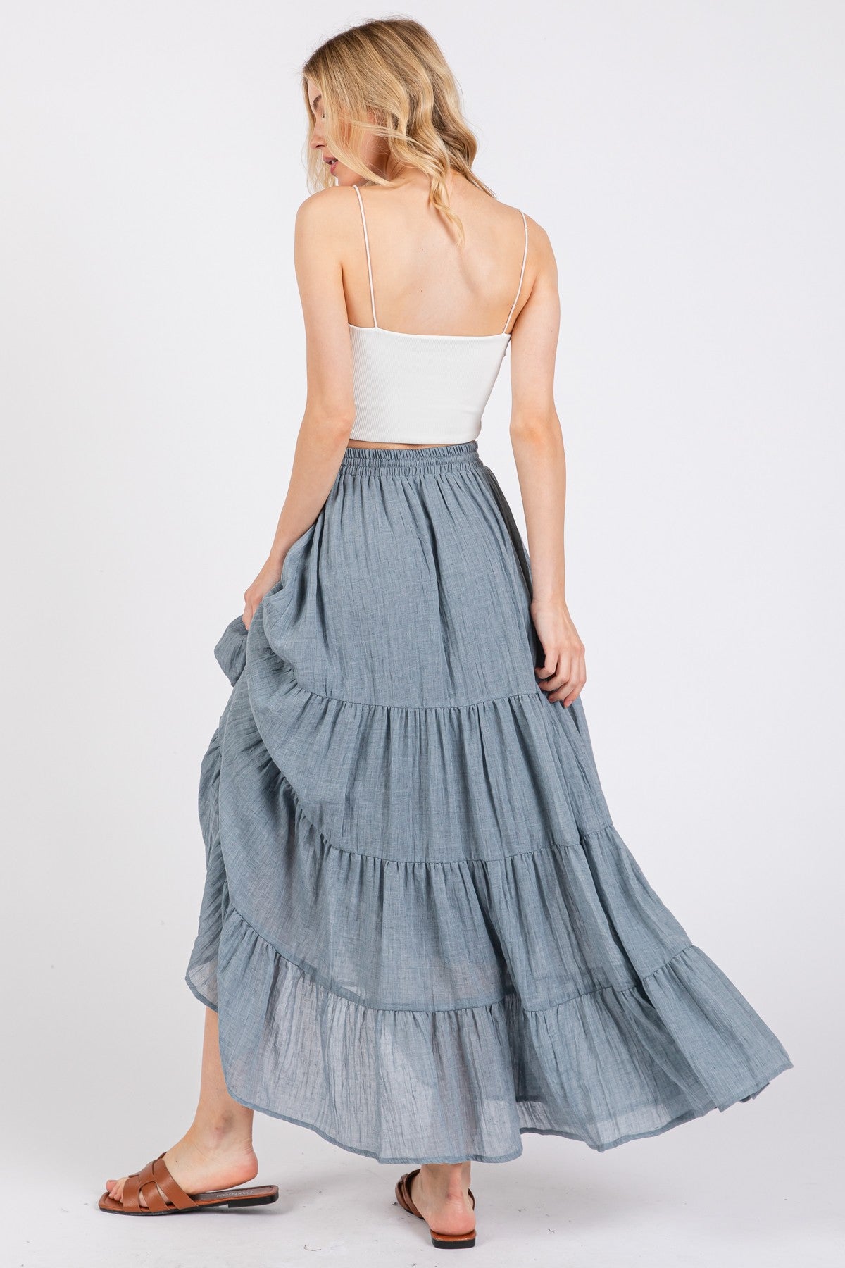 Blue Drawstring Tiered Maxi Skirt