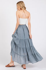 Blue Drawstring Tiered Maxi Skirt