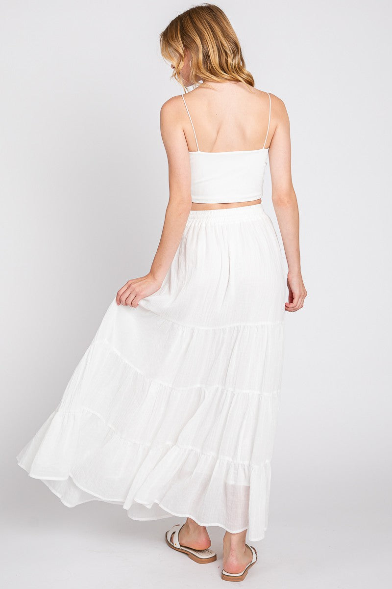 White Drawstring Tiered Maxi Skirt