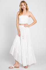 White Drawstring Tiered Maxi Skirt