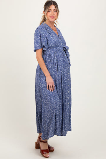 Blue Flutter Sleeve Button Down Maternity Maxi Dress