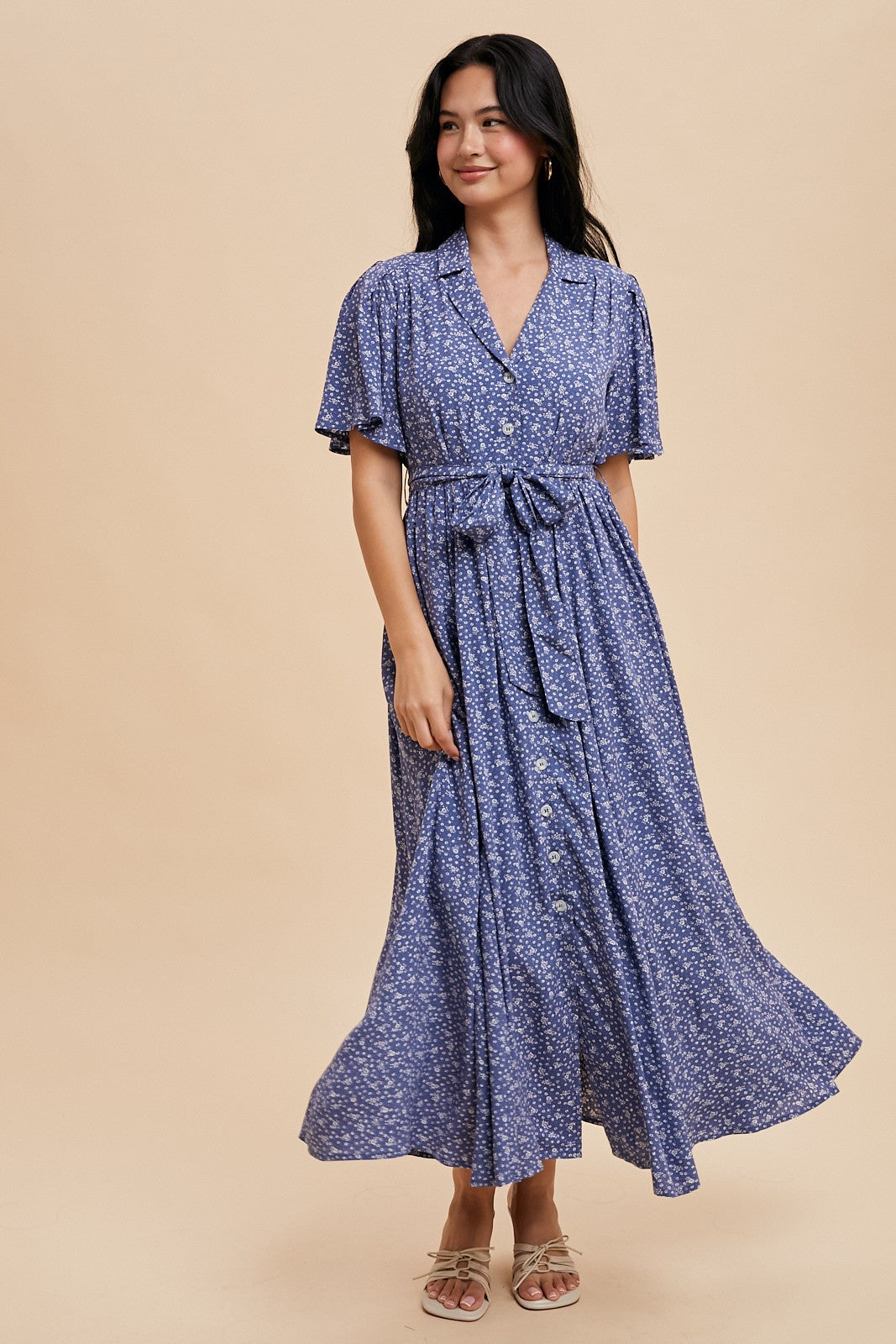 Blue Flutter Sleeve Button Down Maxi Dress