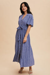 Blue Flutter Sleeve Button Down Maxi Dress