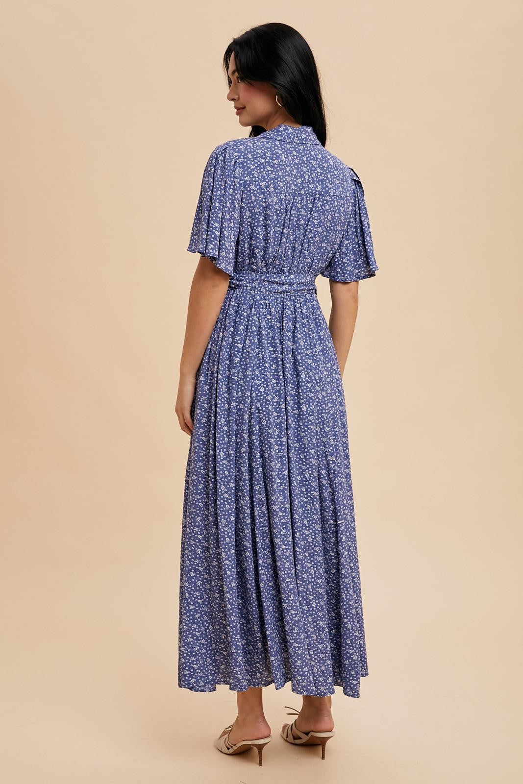 Blue Flutter Sleeve Button Down Maxi Dress
