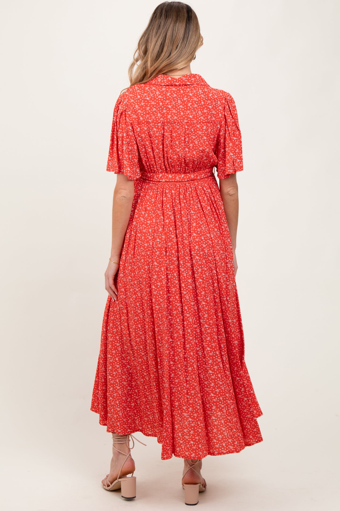 Red Flutter Sleeve Button Down Maternity Maxi Dress