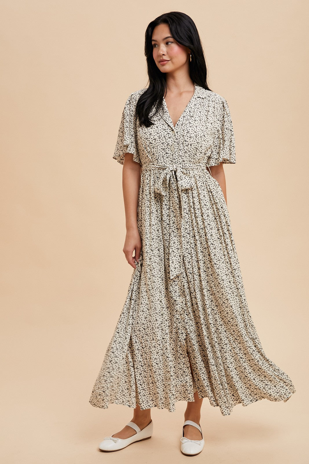 Cream Flutter Sleeve Button Down Maxi Dress