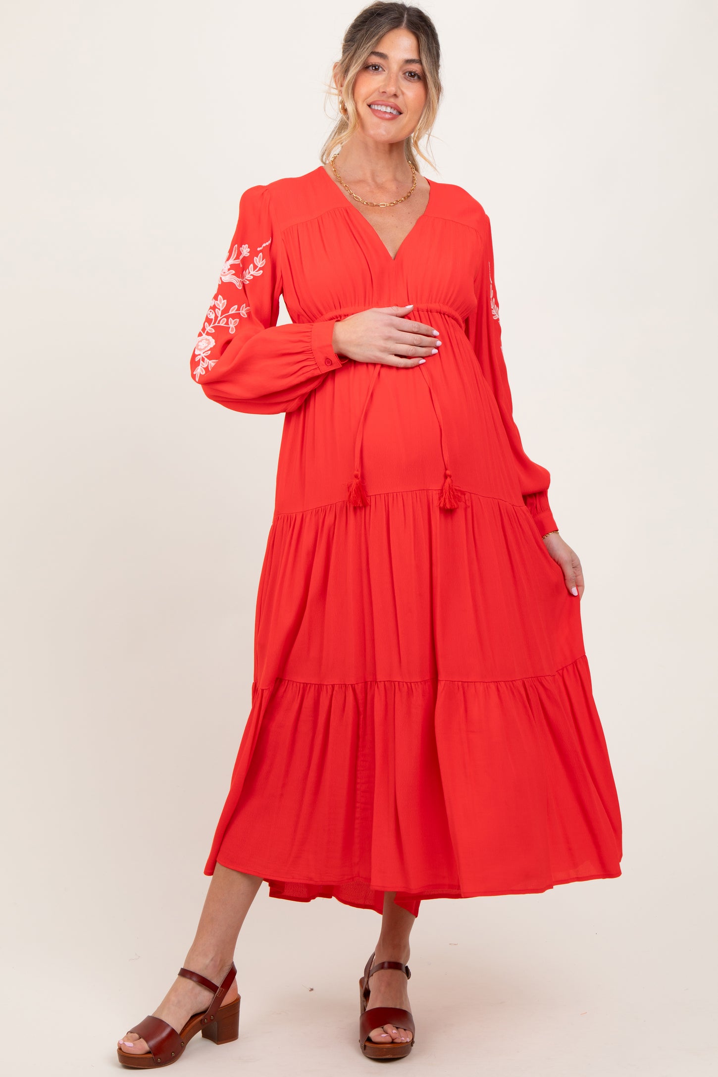 Red Embroidered Long Sleeve Maternity Maxi Dress