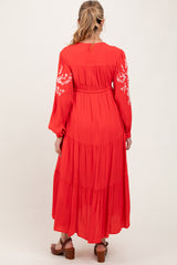 Red Embroidered Long Sleeve Maternity Maxi Dress